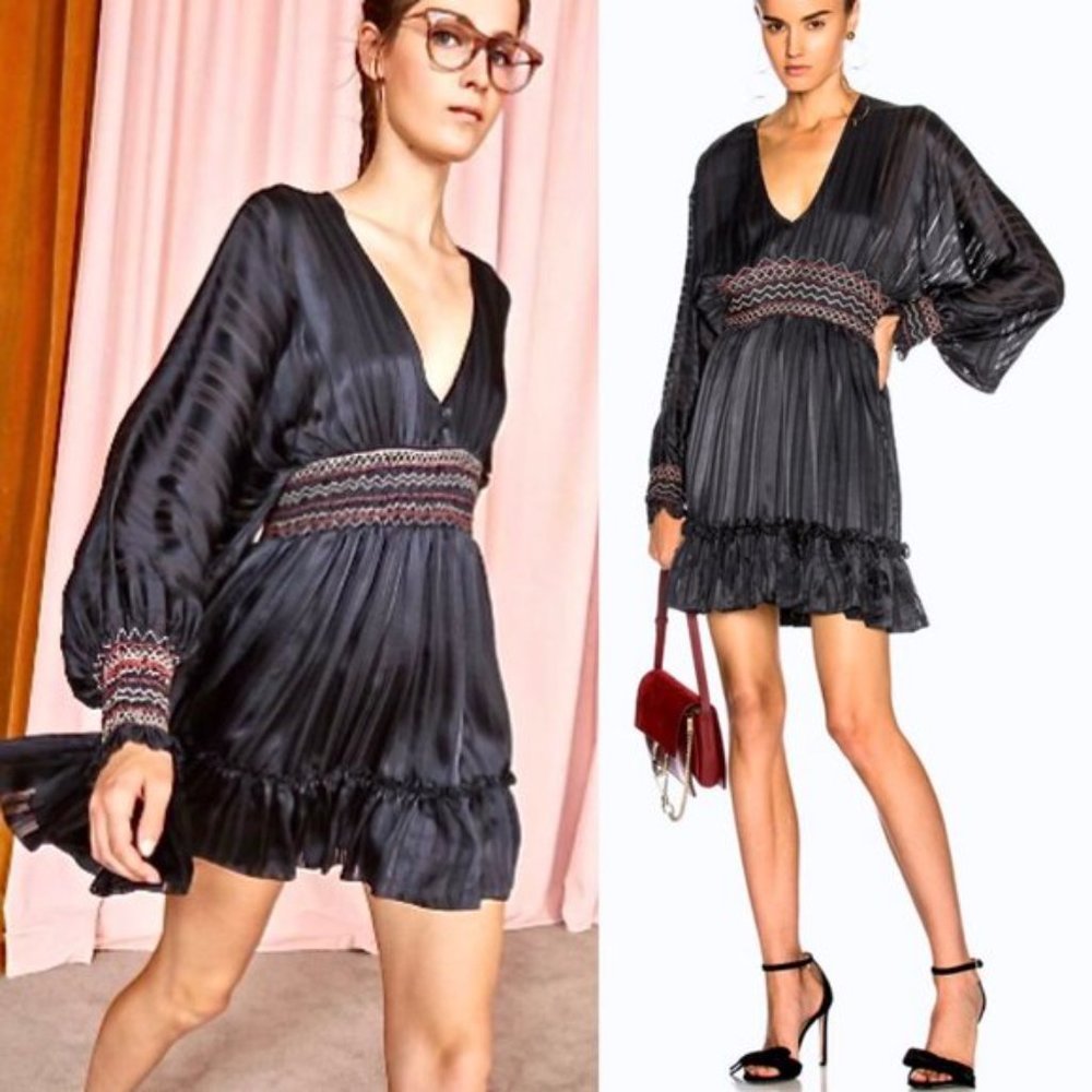 Ulla Johnson Odette Smocked Silk Midnight Dress 0